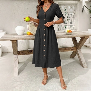 Women's black V-neck short sleeve cotton linen dress with buttons and belted waist