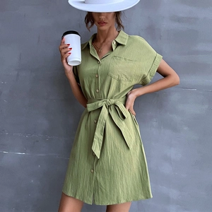 Women Short Sleeve Shirt Dress with Belt Cotton Blend Lapel Neck Button Up Army Green Casual Elegant A-Line Midi Dress