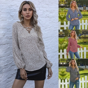 Women's leopard print chiffon blouse with tie V-neck and long lantern sleeves in multi-colors