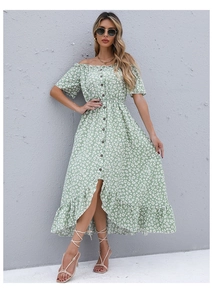 Detail of off-shoulder floral dress with decorative buttons and irregular ruffle hem