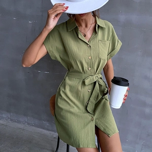 Grass green short sleeve cotton linen shirt dress with waist tie and buttons