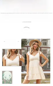 Detail of V-neck ruffled layered summer dress with adjustable tie straps in beige fabric