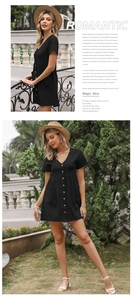 Detail of black cotton linen V-neck dress with functional buttons and side pockets