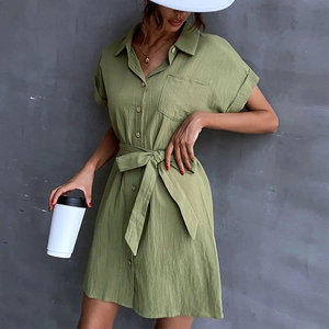 Sage green short sleeve cotton linen shirt dress with waist tie and buttons