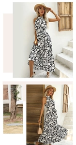 Détail d'une robe maxi d'été avec imprimé floral et lien à la taille sur un mannequin