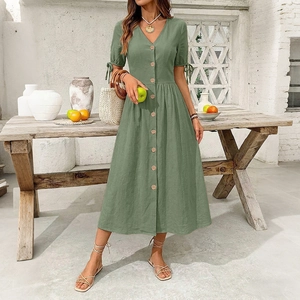 Detail of V-neck button-front grass green linen midi dress with drawstring sleeve ties