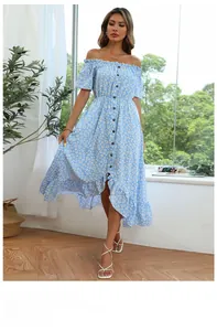 Detail of light blue floral off-shoulder dress with buttons and high-low ruffled hemline