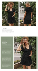 Detail of a black V-neck summer dress featuring short sleeves and front buttons
