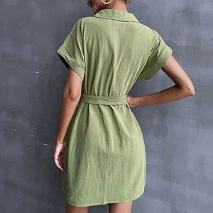 Minimalist sage green cotton linen shirt dress with waist tie and short cuffed sleeves