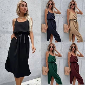 Women's sleeveless satin midi dress with drawstring waist and side slit in five colors