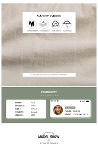 Detailed chart showing breathable cotton linen fabric properties and model size parameters