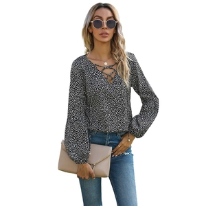 Women's V-neck leopard print chiffon blouse with lace-up detail and lantern sleeves