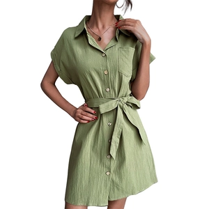 Short-sleeve sage green cotton linen shirt dress with tie waist and wooden buttons