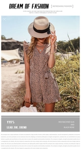 Detail of leopard print romper featuring flutter sleeves and a belted waist design