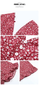 Détails des boutons blancs et de l'ourlet à volants sur le combishort fleuri rouge