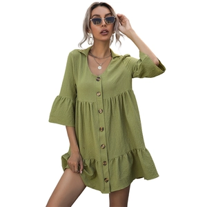 Avocado green button-down short dress with flared mid-sleeves and tiered ruffled hemline