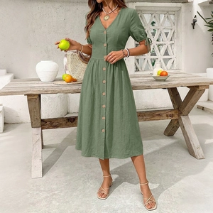 Sage green cotton linen v-neck midi dress with buttons and tied puff sleeves