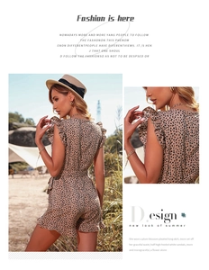 Detail of ruffled sleeves and leopard print fabric on a summer women's romper