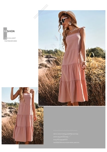 Detail of pink cotton linen tiered midi dress with spaghetti straps and square neckline