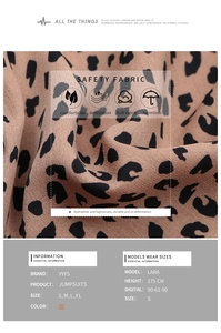 Detail view of breathable leopard print fabric and size chart for women's slim jumpsuit