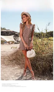 Detail of summer v-neck leopard print romper with ruffle sleeves and waist tie belt