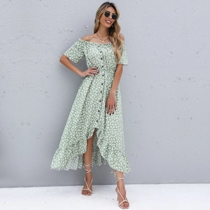 Off-shoulder floral summer midi dress with front buttons and asymmetric hem