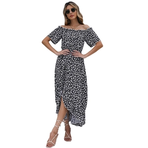 Floral off-shoulder high-low summer dress with ruffled hem and button-down front detail