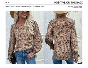 Detailed front and back view of leopard print blouse with elegant ruffled cuffs