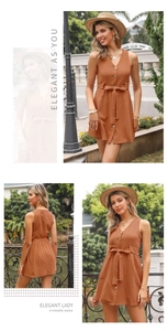Detail of V-neck sleeveless mini dress with button closure and adjustable waist tie