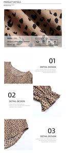 Close-up of leopard print blouse neckline, elastic cuffs and soft fabric texture