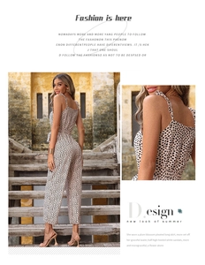 Detail of high-waist leopard print jumpsuit featuring spaghetti straps and back cutout design