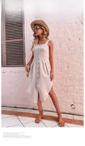 Detail of summer linen-blend midi dress showing front button closure and curved hemline