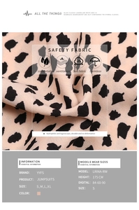Detailed view of pink polka dot jumpsuit fabric texture with sizing chart information