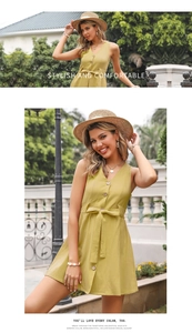 Detail of yellow V-neck dress with wood buttons and adjustable waist tie belt