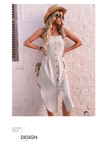 Detail of square neck beige cotton linen dress with front buttons and curved hem
