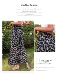Détail de la taille haute froncée et du tissu à imprimé fleuri du pantalon évasé d'été