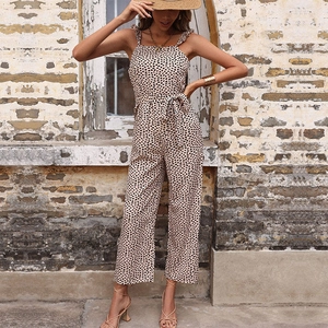 Women Elegant Leopard Print Jumpsuit Square Neck Ruffle Sleeveless High Waist Wide Leg Romper With Belt Khaki Casual Fashion