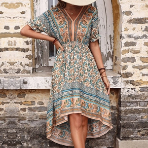Women Bohemian V Neck Floral Print Midi Dress High Low Irregular Hem Ruffle Sleeve Viscose Summer Vacation Beach Dress