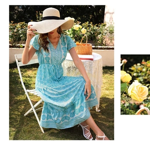Detail of light blue V-neck printed bohemian dress with ruffled sleeves and floral patterns