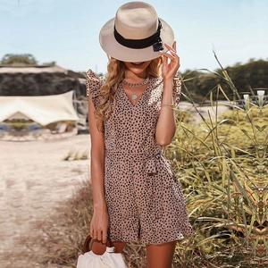 Leopard print V-neck romper with flutter sleeves and waist belt for summer beach vacation