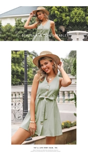 Detail view of light green summer dress with V-neckline, brown buttons, and waist tie belt