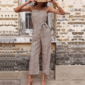 Women's summer leopard print jumpsuit with ruffle straps and tie waist in light beige