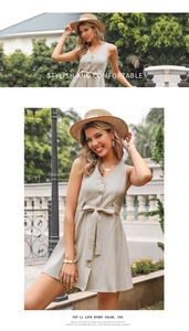 Detail view of V-neck sleeveless dress with buttons and adjustable waist tie belt
