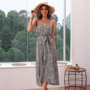Robe d'Été Femme Imprimé Léopard Col V Taille Nouée Ligne A Robe Midi Décontractée Vacances Sans Manches Dos Nu