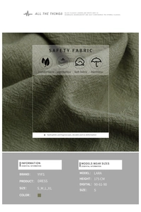 Detail view of breathable olive green fabric texture and size chart for summer dress