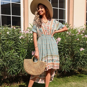 Robe Bohème à Imprimé Paisley Col en V Femmes Été Ourlet Haut Bas Manches Courtes Taille Haute Floral Midi Vacances