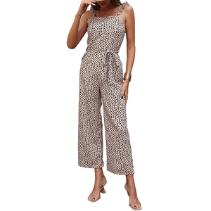 Summer high waist wide leg jumpsuit with black polka dots and ruffle shoulder straps