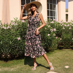 Robe midi d'été sans manches à col en V, imprimé fleuri, ceinture nouée et jupe plissée
