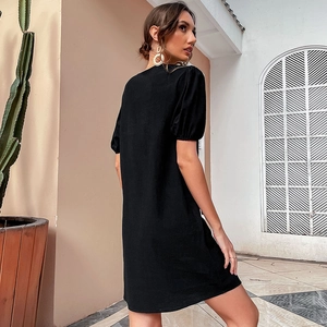 Summer black cotton linen dress featuring puff short sleeves and a loose casual fit