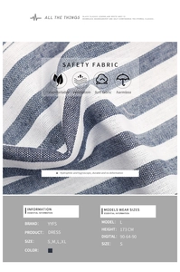 Detailed fabric texture and size guide for blue and white striped shirt dress